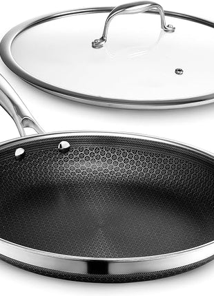 HexClad Hybrid Nonstick 12-Inch Frying Pan with Tempered Glass Lid, Stay-Cool Handle, Dishwasher-Friendly, Oven-Safe Up to 900°F, Induction Ready, Compatible with All Cooktops