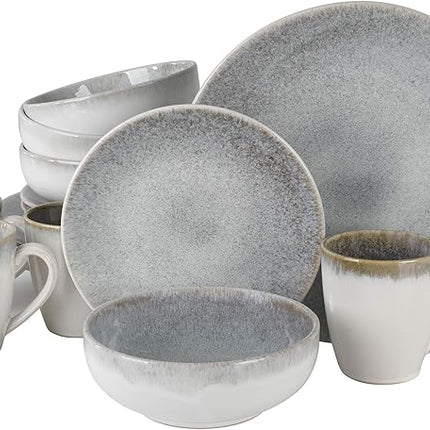 Gibson Elite Kashmir Round Reactive Glaze Stoneware, Dinnerware Set, Service for Four (16pcs), White w/ Blue Speckle