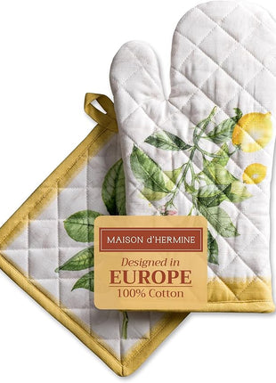 Maison d' Hermine 100% Cotton Oven Mitt & Pot Holder Set (7.5"x13" & 8"x8") Heat Resistant BBQ Cooking Gloves with Loop, Baking, Grilling, Kitchen, Handling Hot Pans Spring/Summer (Limoncello)