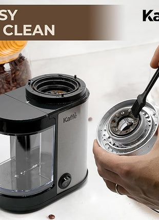 Kaffe Electric Burr Coffee Grinder (5.5oz) w/Adjustable Precise Coarseness Settings - Flat Burr - [Improved Motor] - Precision Coffee Bean Grinder for Home Use - Stainless Steel