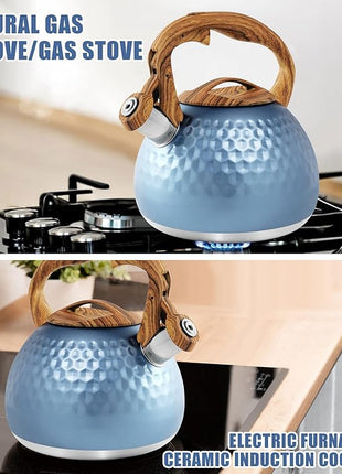 Stainless Steel Tea Kettle Blue, Teapot 3.2 Quart Whistling Tea Kettle, Tea Pots for Stove Top with Wood Pattern Handle, Gas Electric Applicable