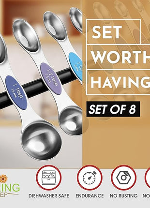 Spring Chef Stainless Steel Magnetic Measuring Spoons Set of 8 with Leveler, Dual Sided Metal Teaspoon & Tablespoon Measuring Spoons, Nesting Kitchen Gadgets for Baking & Cooking - Winter Frost