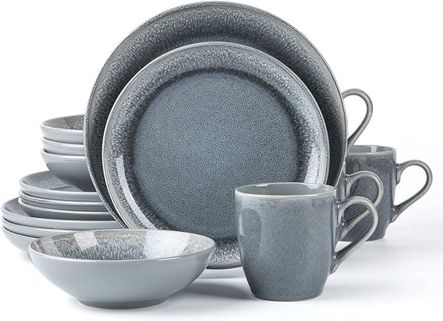 FAIT Round Stoneware 16pc Dinnerware Set for 4, Dinner Plates, Side Plates, Cereal Bowls, Mugs - Reactive Glaze Grey (448158)