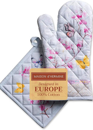 Maison d' Hermine 100% Cotton Oven Mitt & Pot Holder Set (7.5"x13" & 8"x8") Heat Resistant BBQ Cooking Gloves with Loop, Baking, Grilling, Kitchen, Handling Hot Pans Spring/Summer (Blossoms In Spring)