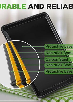 NutriChef 2-Piece Baking Sheet Non Stick - Premium Carbon Steel Cookie Sheets for Baking - Large and Medium Baking Trays for Oven - Black