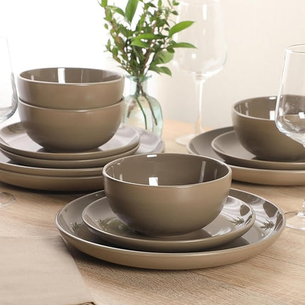 Gibson Home Rockaway 12 Piece Plates and Bowls Matte Outside/Shiny Inside Glaze Service for 4 Dinnerware Set - Brown - Dishwasher and Microwave Safe