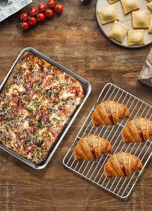 Baking Sheet with Wire Rack Set, Stainless Steel Cookie Sheet Baking Pan Toaster Oven Tray with Cooling Rack, 12.4 x 10 x 1 Inch Quarter Sheet Pan - Non Toxic & Dishwasher Safe