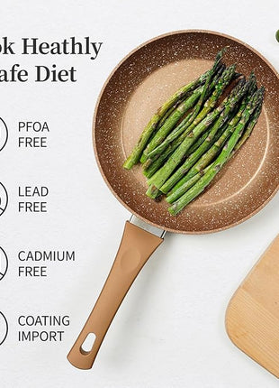 Innwewell Non Stick Frying Pan - Granite Stone Non Stick Skillet Frying Pans, Safe&No Toxic Egg Omelette Frying Pan, Small Nonstick Cookware Cooking Pan, Induction Compatible, PFOA Free(8inch, Gold)