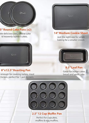 Perlli Baking Set 6 Nonstick Carbon Steel Oven Safe Gray PTFE PFOA Free Bakeware - Cookie Sheet, 2 Rounds, 12 Cup Muffin Pan, Roaster & Loaf Pan