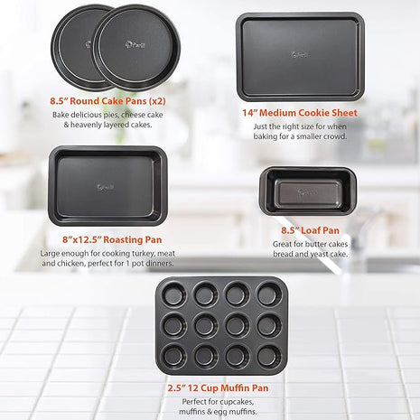 Perlli Baking Set 6 Nonstick Carbon Steel Oven Safe Gray PTFE PFOA Free Bakeware - Cookie Sheet, 2 Rounds, 12 Cup Muffin Pan, Roaster & Loaf Pan