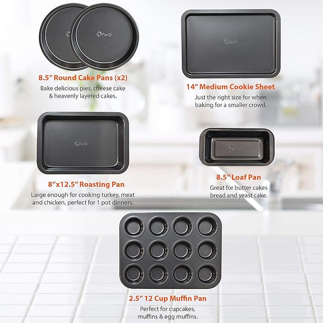 Perlli Baking Set 6 Nonstick Carbon Steel Oven Safe Gray PTFE PFOA Free Bakeware - Cookie Sheet, 2 Rounds, 12 Cup Muffin Pan, Roaster & Loaf Pan