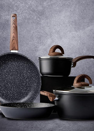 Pots and Pans Set Non Stick, Ceramic Cookware Set with Granite Pattern Kitchen Cooking Sets Induction Pot and Pan w/Frying Pans, Saucepans, Casserole, Non-Toxic, PTFE/PFOA/PFOS-Free, Black