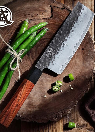 MITSUMOTO SAKARI Nakiri Chef Knife 7 inch - Hand Forged Japanese Kitchen Knives, 3-Layer 9CR18MOV High Carbon Steel, Rosewood Handle & Sandalwood Box