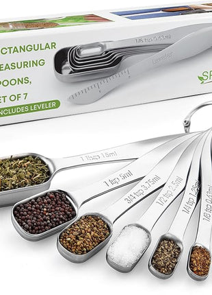 Spring Chef Stainless Steel Measuring Spoons Set of 7 with Leveler, Rectangular Metal Teaspoon & Tablespoon Measuring Spoons for Dry & Liquid Ingredients - Nesting Kitchen Gadgets For Baking & Cooking