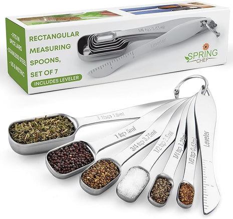 Spring Chef Stainless Steel Measuring Spoons Set of 7 with Leveler, Rectangular Metal Teaspoon & Tablespoon Measuring Spoons for Dry & Liquid Ingredients - Nesting Kitchen Gadgets For Baking & Cooking