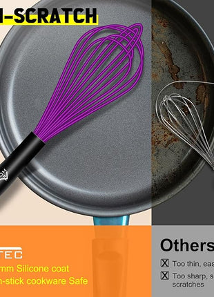 HOTEC 4 Pieces Silicone Whisks for Cooking, Wire Balloon Whisks Egg Beater, Non-slip Handle Whisk for Non-stick Cookware Perfect for Cooking, Stirring, Beating and Blending (Purple)