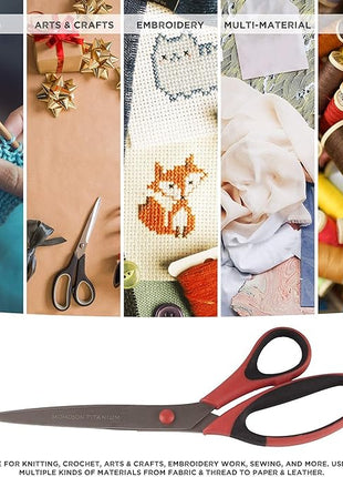 BambooMN Titanium Softgrip Scissors Set for Sewing, Arts, Crafts, Office - 10 Sets of 3 - Red w/Black Inlays