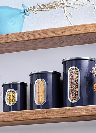 Mixpresso 3-Piece Blue Canisters Sets For The Kitchen, Airtight Canister Set With See Through Window, Storage Jars for Coffee Container, Tea Organizer & Sugar Canister, Blue Kitchen Canisters