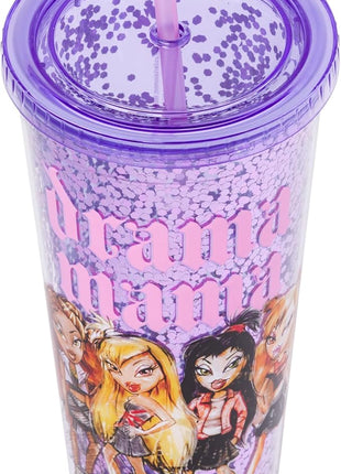 Silver Buffalo Bratz Drama Mama Featuring Cloe, Yasmin, Jade, and Sasha Plastic Confetti Cold Cup with Lid and Straw, 32 Ounces