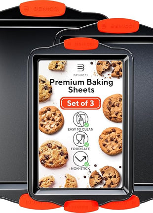Premium Non-Stick Baking Sheets Set of 3 - Deluxe BPA Free, Easy to Clean Racks w/Silicone Handles - Bakeware Pans for Cooking Baking Roasting - Lets You Bake The Perfect Cookie or Pastry Every Time