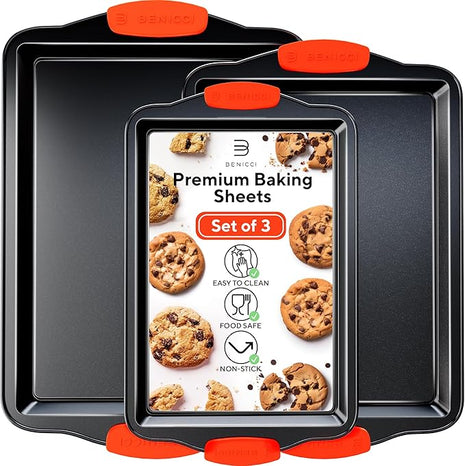 Premium Non-Stick Baking Sheets Set of 3 - Deluxe BPA Free, Easy to Clean Racks w/Silicone Handles - Bakeware Pans for Cooking Baking Roasting - Lets You Bake The Perfect Cookie or Pastry Every Time