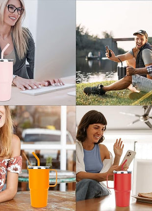 Sursip 24 oz Insulated Cup with Handle, Double Wall Vacuum Stainless Steel Tumbler with Straw and 2 Lids, For Cold/Hot Drinks, Coffee Travel Mug for Car/Home/Office/Party/Camping (Pink-1 Pack)