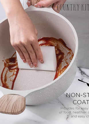 Country Kitchen Non-Stick Cast Aluminum Cookware Set - Durable Kitchen Cookware for Everyday Cooking, Speckled Cream, 6 Pc.