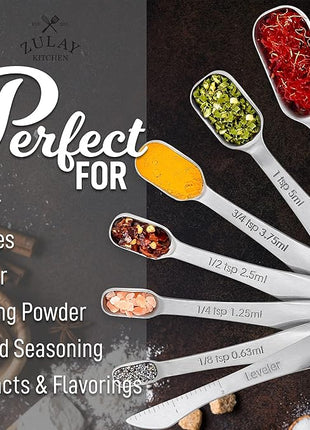 Zulay Heavy Duty Stainless Steel Measuring Spoons with Easy to Read, Slim Design for Narrow Spice Jars, 6 Piece Measuring Spoons with Etched Markings & Removable Clasp, Table Spoons Measuring Spoon
