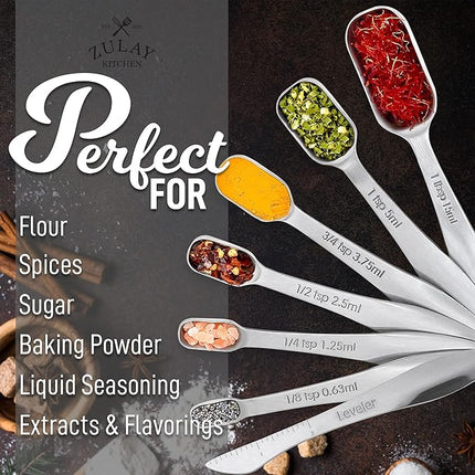 Zulay Heavy Duty Stainless Steel Measuring Spoons with Easy to Read, Slim Design for Narrow Spice Jars, 6 Piece Measuring Spoons with Etched Markings & Removable Clasp, Table Spoons Measuring Spoon
