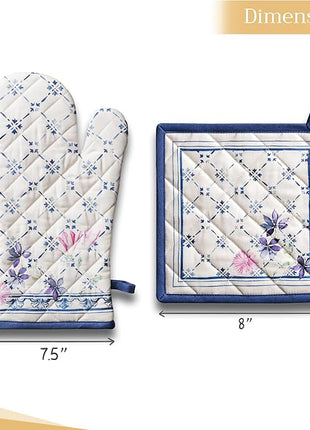 Maison d' Hermine 100% Cotton Oven Mitt & Pot Holder Set (7.5"x13" & 8"x8") Heat Resistant BBQ Cooking Gloves with Loop, Baking, Grilling, Kitchen, Handling Hot Pans Spring/Summer (Faience)