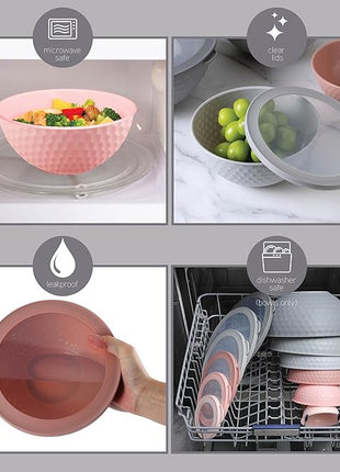 COOK WITH COLOR Mixing Bowls with Lids - 12 Piece Plastic Nesting Bowls Set includes 6 Prep Bowls and 6 Lids, Non Slip Bottom and Embossed Design - Microwave Safe (Pink)