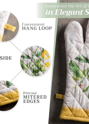 Maison d' Hermine Oven Gloves 100% Cotton Oven Mitt 7" x 13" with Loop Heat Resistant, BBQ, Cooking Gloves, Baking, Grilling, Kitchen, Handling Hot Pans Spring/Summer (Pack of 1, Limoncello)