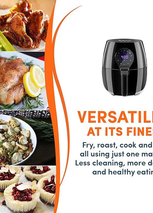 Elite Gourmet EAF5317D Digital 5.3Qt Hot Air Fryer 7 Menu Functions 1350W Oil-Less Healthy Cooker, Timer & Temperature Controls, PFOA/PTFE Free, Black