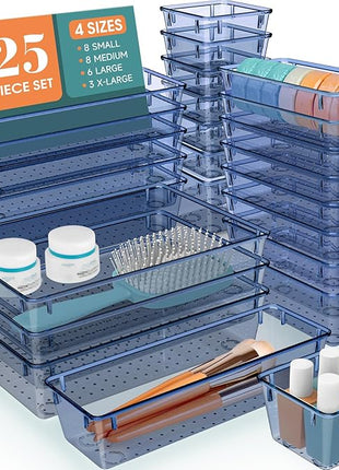 WOWBOX 25 PCS Plastic Drawer Organizer Set, 4 Sizes Desk Drawer Divider Organizers and Storage Bins for Makeup, Jewelry, Gadgets for Kitchen, Bedroom, Bathroom, Office, Clear Dark Blue