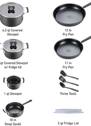 T-fal All In One Hard Anodized Nonstick Cookware Set 12 Piece Pots and Pans, Dishwasher Safe Black