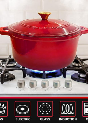 Mueller 6qt Enameled Cast Iron Dutch Oven, Heavy-Duty Casserole and Braiser Pan with Lid and Knob, Oven-Safe up to 500° F & Across All Cooktops, Red