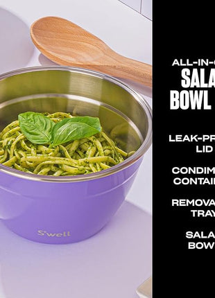 S'well Stainless Steel Salad Bowl Kit 64oz, Hillside Lavender, Comes with 2oz Mini Canister and Removable Tray for Organization, Leakproof, Easy to Clean, Dishwasher Safe