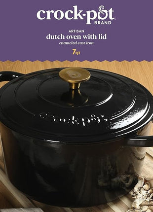 Crock Pot Artisan 7-Quart Round Cast Iron Dutch Oven with Lid – Black Enamel Finish, Gold Knob, Durable Heavy-Duty Cookware for Slow Cooking, Baking, and Roasting