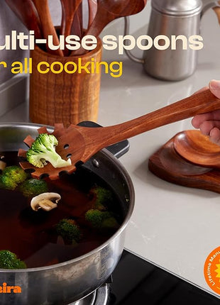 Riveira Bamboo Wooden Spoons for Cooking 9-Piece with Holder, Apartment Essentials Wood Spatula Spoon Nonstick Kitchen Utensil Set Premium Quality Housewarming Gifts for Everyday Use