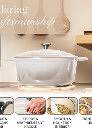 Nuovva Enamelled Cast Iron Dutch Oven Pot with Lid 6.4 Quart Non Stick Casserole Pot – Heavy Duty & Oven Safe up to 500° F for Bread Baking, Braising, Stews, Roasting – 28cm Oyster