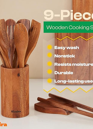 Riveira Walnut Wooden Spoons for Cooking Set of 9 – Natural Walnut Wooden Cooking Utensils, Spatula, Spoon - Premium Quality Utensil Set for Non-Toxic Cooking