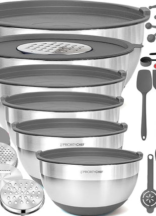 Priority Chef Stainless Steel Mixing Bowls with Lids Set - Premium 30Pcs with 6pc Metal Bowl Set for Kitchen, 3 Graters, Airtight Lids, Non-Slip Bases & Silicone Utensils, Grey