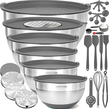 Priority Chef Stainless Steel Mixing Bowls with Lids Set - Premium 30Pcs with 6pc Metal Bowl Set for Kitchen, 3 Graters, Airtight Lids, Non-Slip Bases & Silicone Utensils, Grey