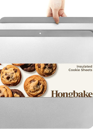 HONGBAKE 2 Pieces Large Flat Cookie Sheet No Edges, Nonstick Insulated Baking Pan, Commercial Oven Trays for Cooking, 16" X 14", Grey