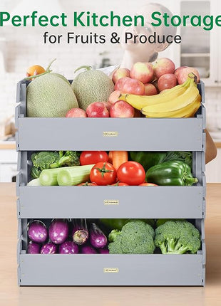 HABAU Wood Potato Onion Storage Bins - Wooden Stackable Produce Basket - Fruit Vegetable Storage for Kitchen Pantry Organization, Set 3 Pieces