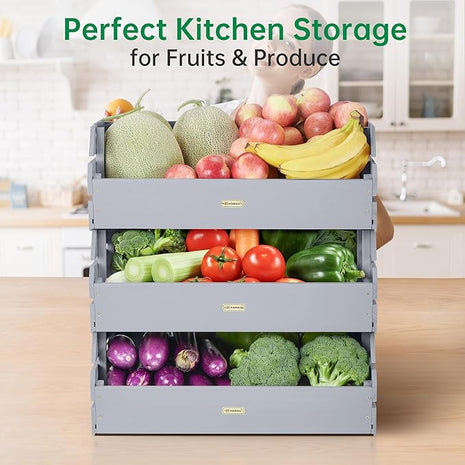 HABAU Wood Potato Onion Storage Bins - Wooden Stackable Produce Basket - Fruit Vegetable Storage for Kitchen Pantry Organization, Set 3 Pieces