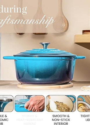 Nuovva Enamelled Cast Iron Dutch Oven Pot with Lid 6.4 Quart Non Stick Casserole Pot – Heavy Duty & Oven Safe up to 500° F for Bread Baking, Braising, Stews, Roasting – 28cm Light Blue