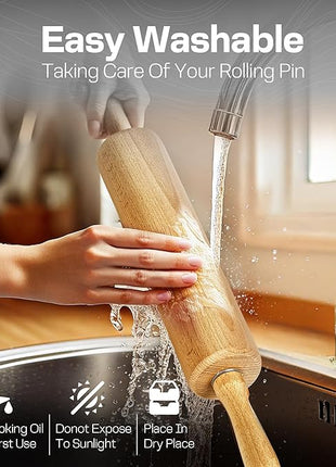 Wooden Rolling Pin 17.6 Inch with Rotating Ergonomic Handles – Classic Beech Wood Dough Roller for Baking Pizza, Pastry, Bread, and Cookies