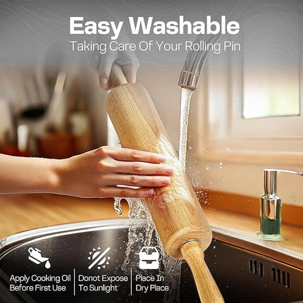 Wooden Rolling Pin 17.6 Inch with Rotating Ergonomic Handles – Classic Beech Wood Dough Roller for Baking Pizza, Pastry, Bread, and Cookies
