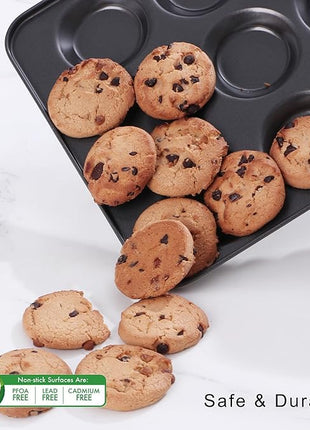 HONGBAKE Mini Muffin Top Pan for Baking, Premium 12 Cavity Small Whoopie Pie Pan, Nonstick Yorkshire Pudding Pan for Pansuffin, Moon Pie, Cookies, Dishwasher Safe and Easy to Clean